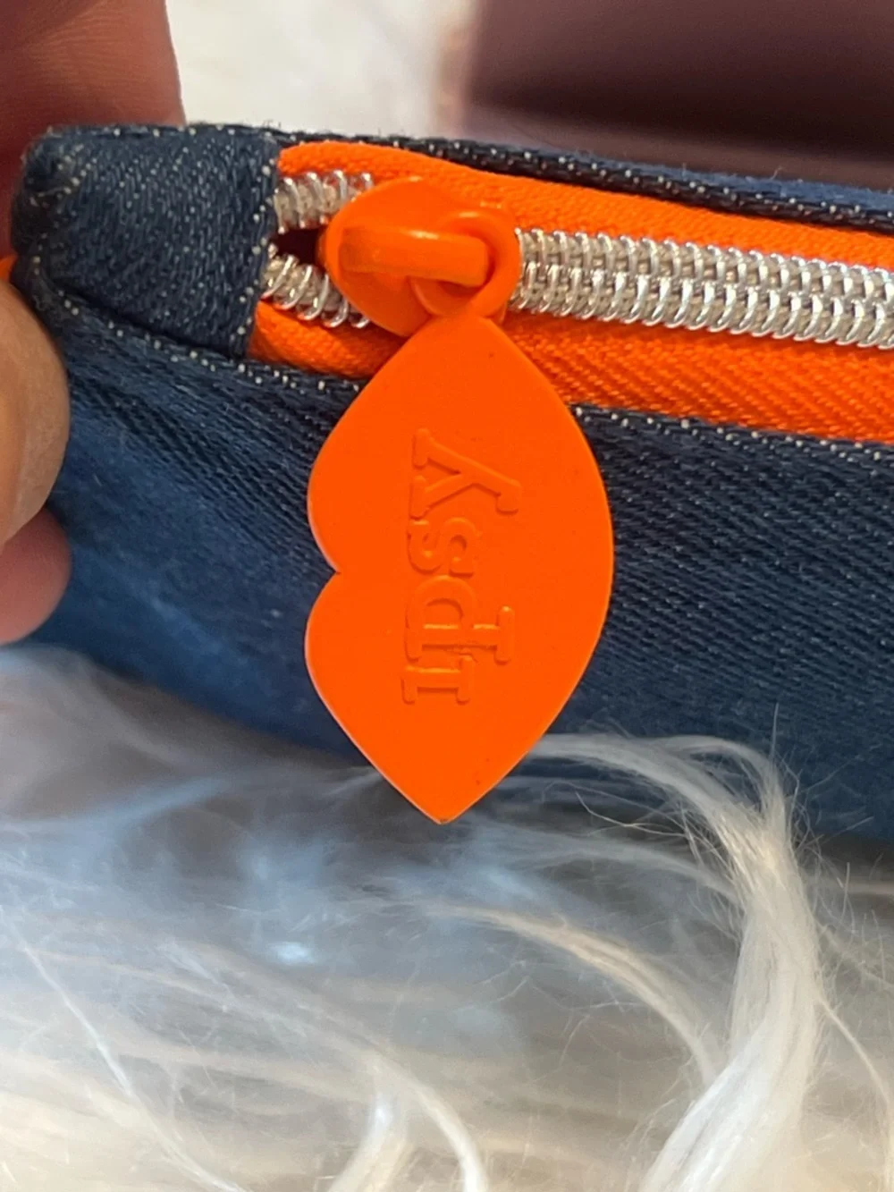 ipsy Dark Blue Denim Cosmetic Bag with Bright Orange Trim